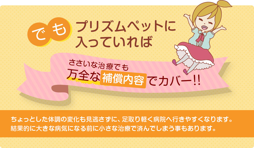 プリズムペットに入っていればささいな診療でも万全な補償内容でカバー！！